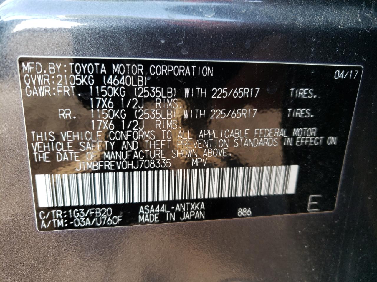 Photo 10 from auction – 2017 TOYOTA RAV4 LE with VIN JTMBFREV0HJ708335