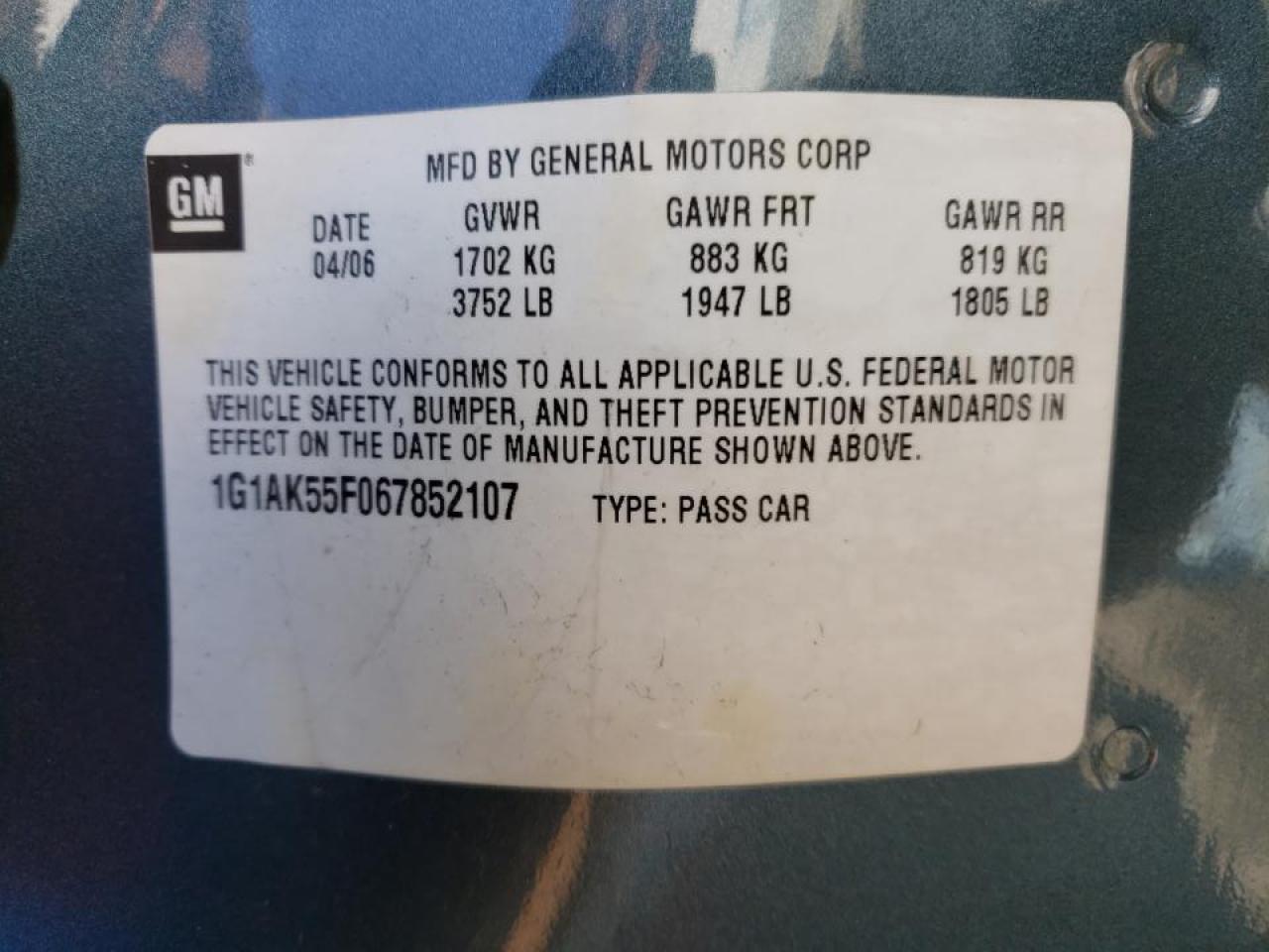 Photo 10 from auction – 2006 CHEVROLET COBALT LS with VIN 1G1AK55F067852107
