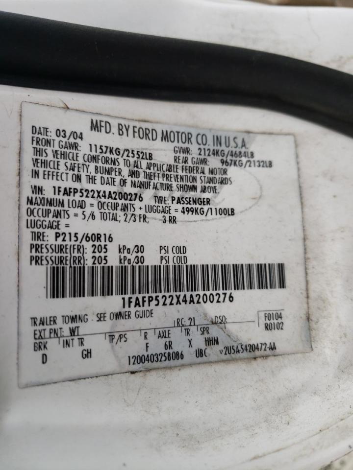 Photo 10 from auction – 2004 FORD TAURUS LX with VIN 1FAFP522X4A200276