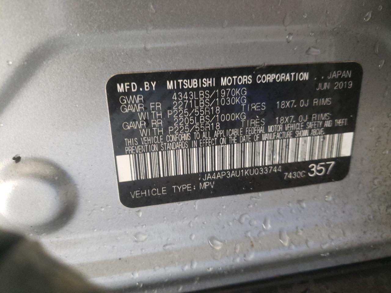 Photo 10 from auction – 2019 MITSUBISHI OUTLANDER with VIN JA4AP3AU1KU033744