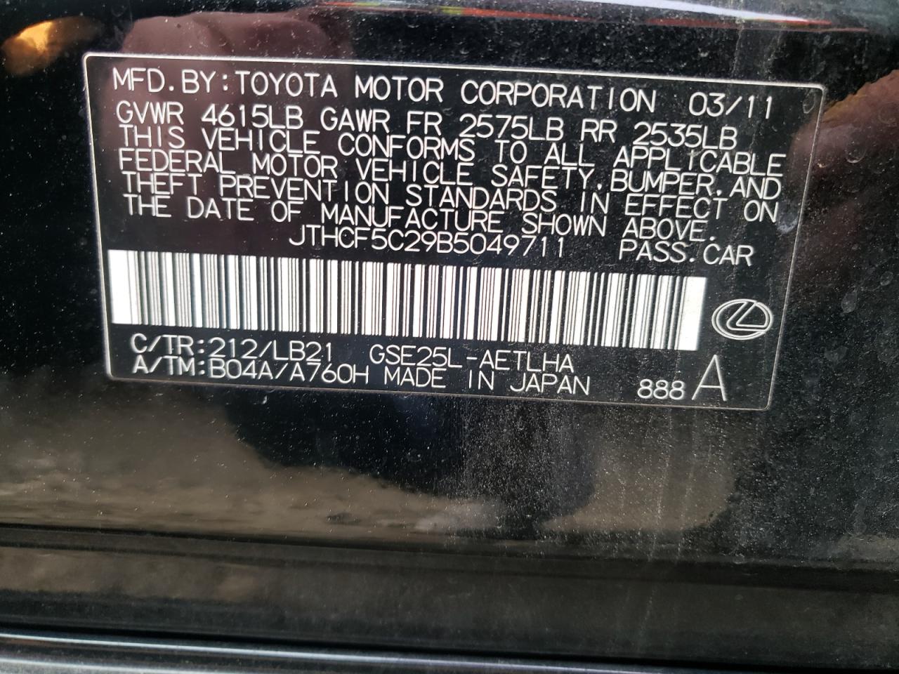 Photo 10 from auction – 2011 LEXUS IS 250 with VIN JTHCF5C29B5049711