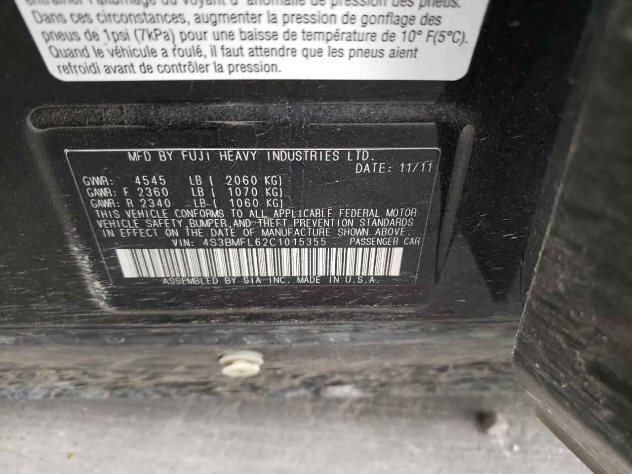 Photo 10 from auction – 2012 SUBARU LEGACY 2.5 with VIN 4S3BMFL62C1015355