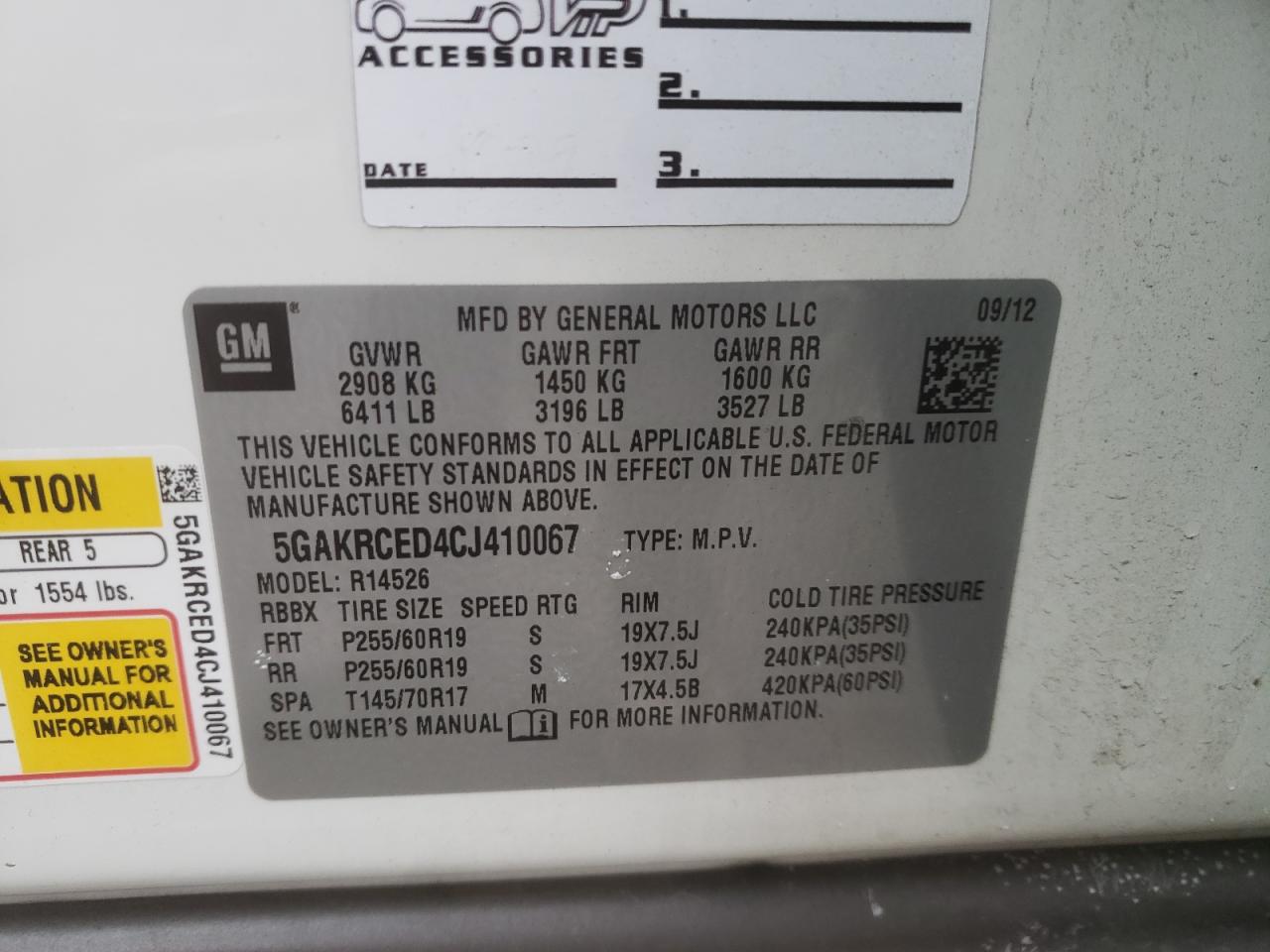 Photo 10 from auction – 2012 BUICK ENCLAVE with VIN 5GAKRCED4CJ410067
