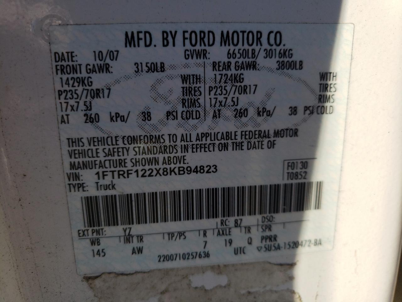 Photo 10 from auction – 2008 FORD F150 with VIN 1FTRF122X8KB94823