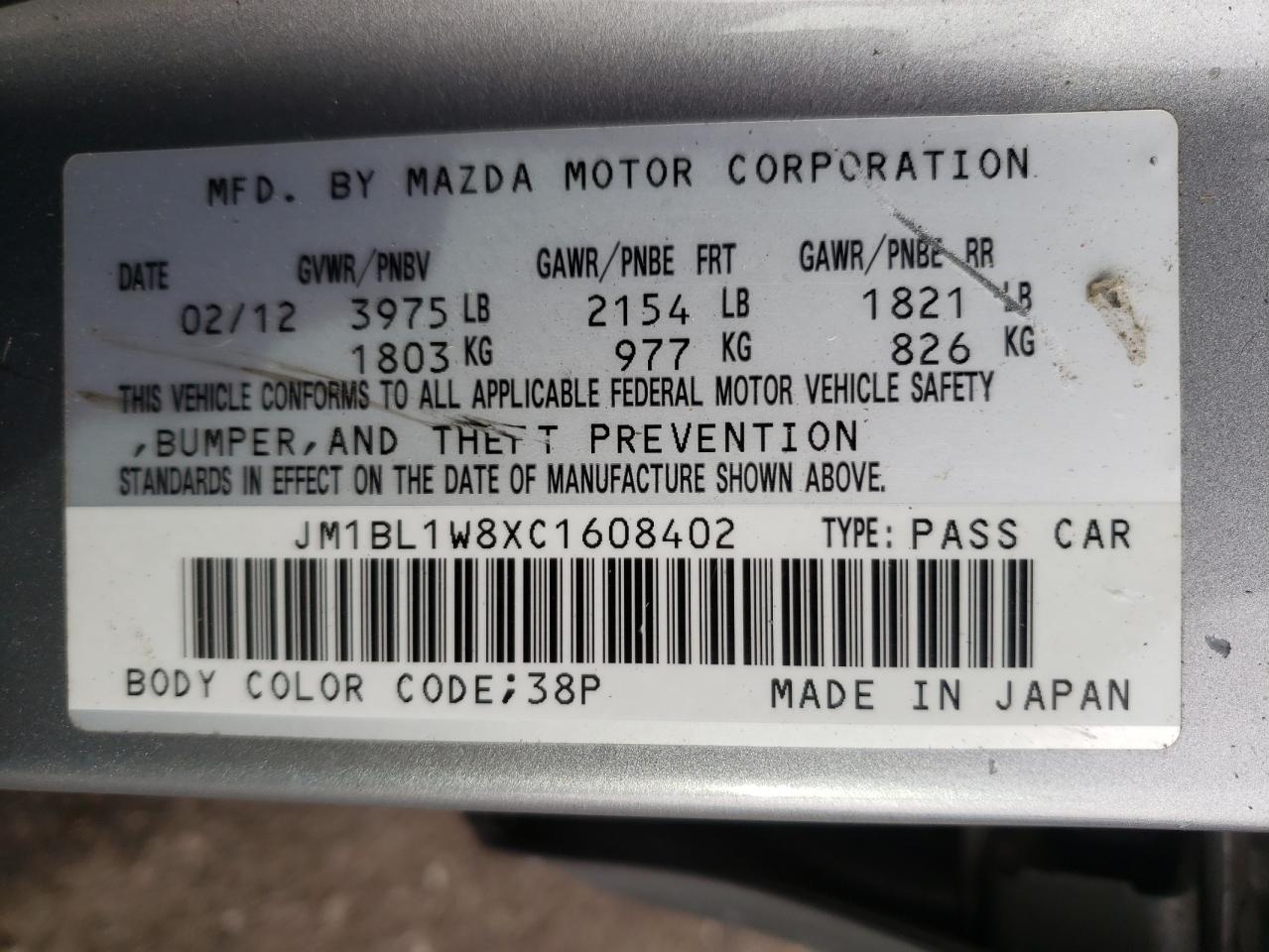Photo 10 from auction – 2012 MAZDA 3 I with VIN JM1BL1W8XC1608402