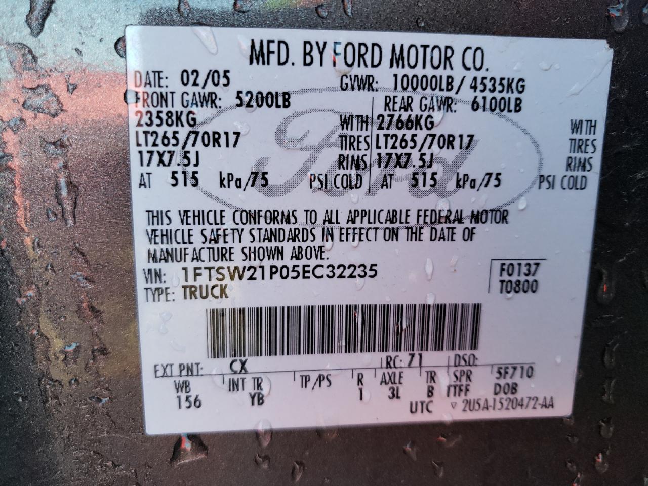 Photo 10 from auction – 2005 FORD F250 SUPER with VIN 1FTSW21P05EC32235