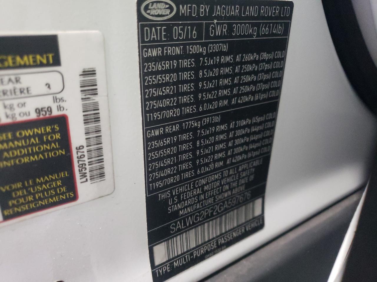 Photo 10 from auction – 2016 LAND ROVER RANGE ROVE with VIN SALWG2PF2GA597676