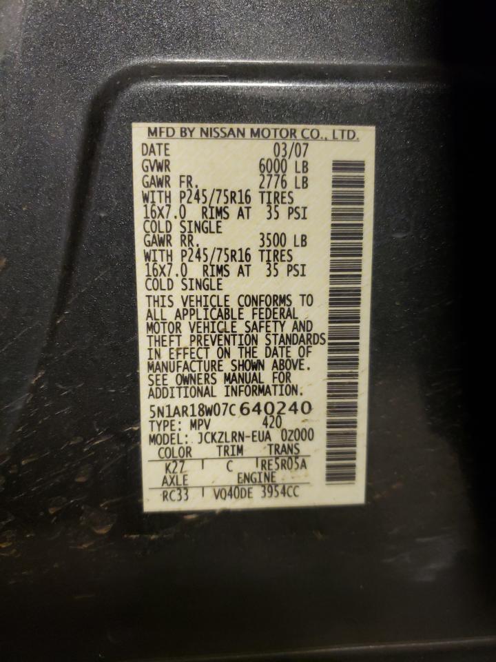 Photo 10 from auction – 2007 NISSAN PATHFINDER with VIN 5N1AR18W07C640240