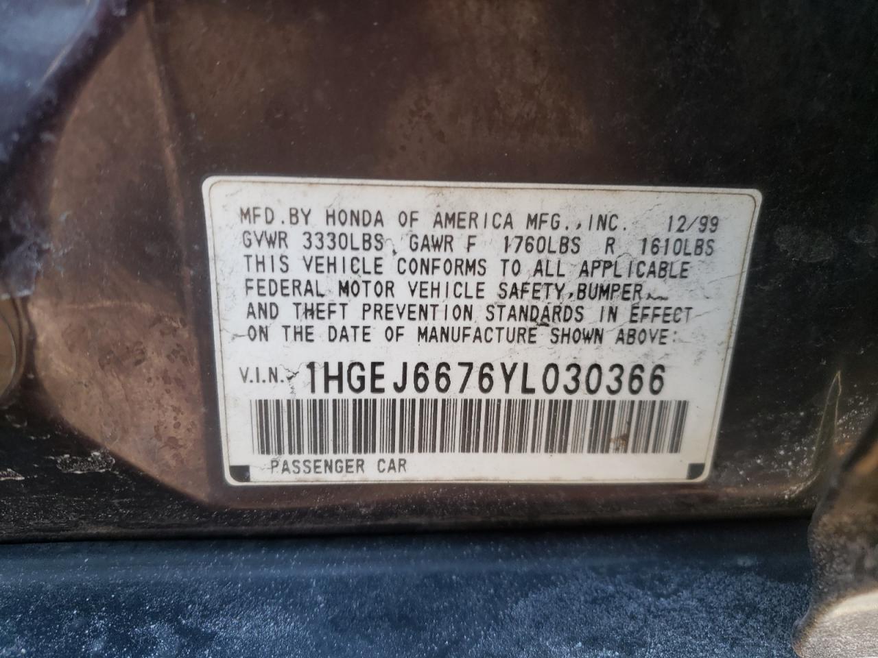 Photo 10 from auction – 2000 HONDA CIVIC LX with VIN 1HGEJ6676YL030366