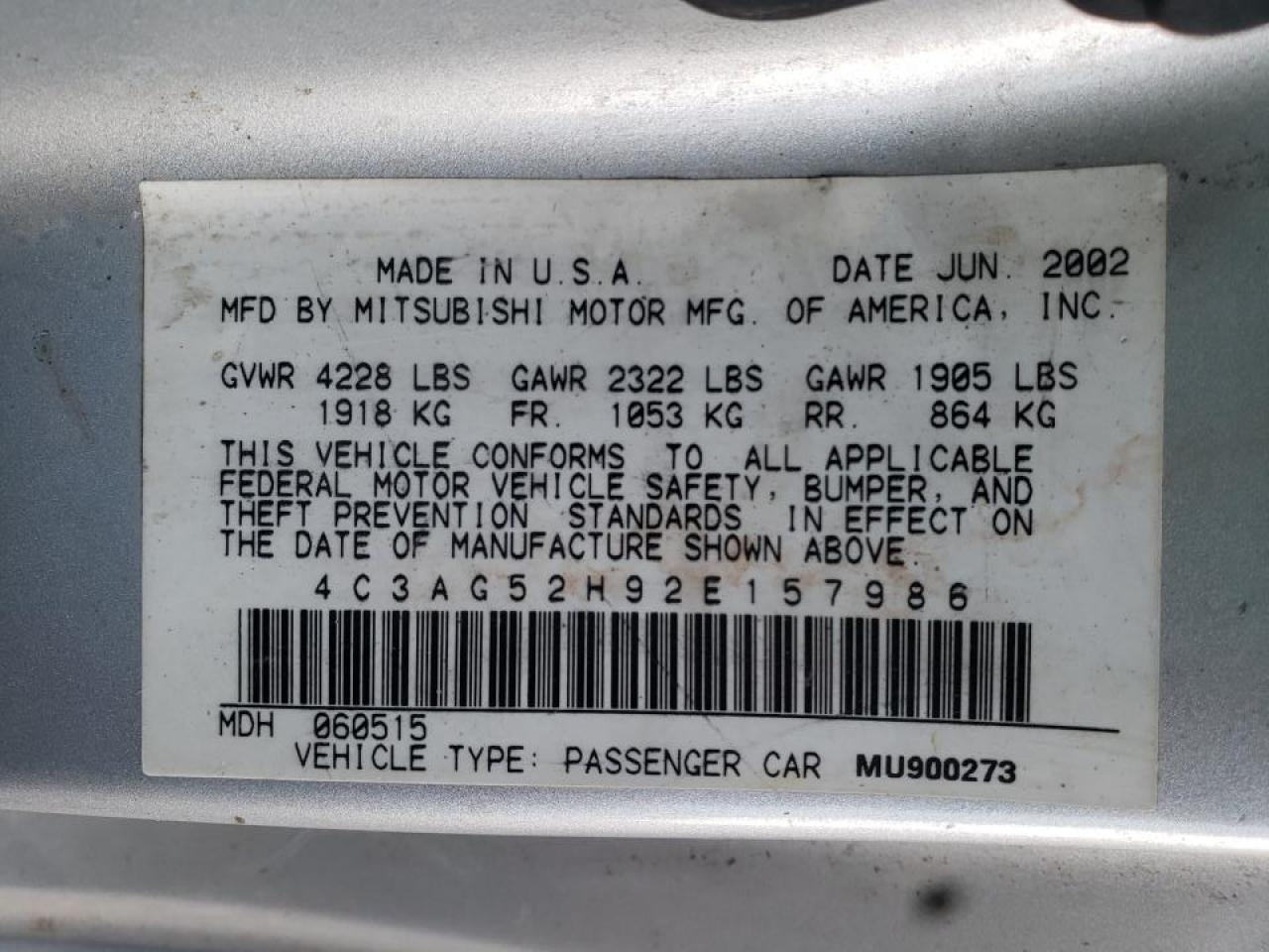 Photo 10 from auction – 2002 CHRYSLER SEBRING LX with VIN 4C3AG52H92E157986