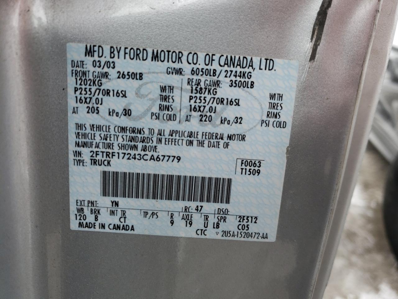 Photo 10 from auction – 2003 FORD F150 with VIN 2FTRF17243CA67779