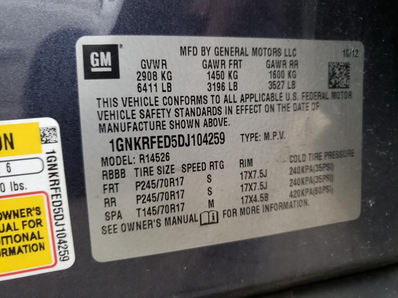 Photo 10 from auction – 2013 CHEVROLET TRAVERSE L with VIN 1GNKRFED5DJ104259