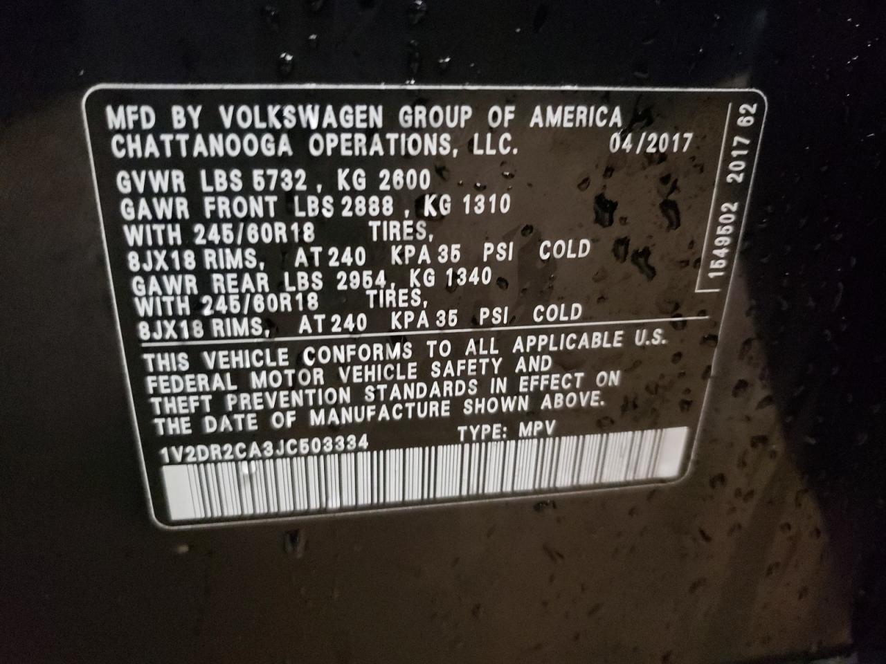 Photo 10 from auction – 2018 VOLKSWAGEN ATLAS SE with VIN 1V2DR2CA3JC503334