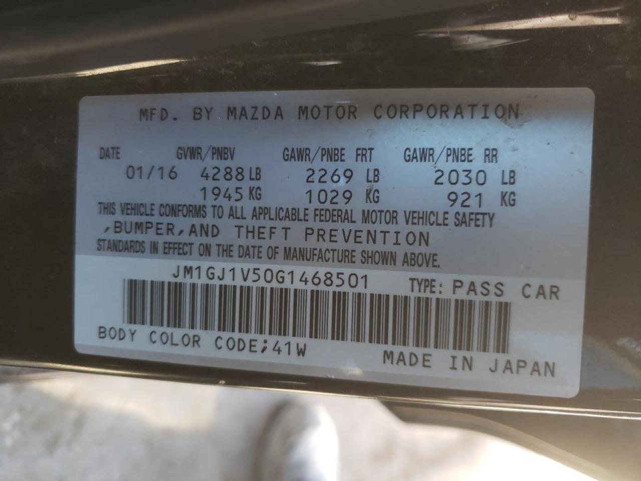 Photo 10 from auction – 2016 MAZDA 6 TOURING with VIN JM1GJ1V50G1468501
