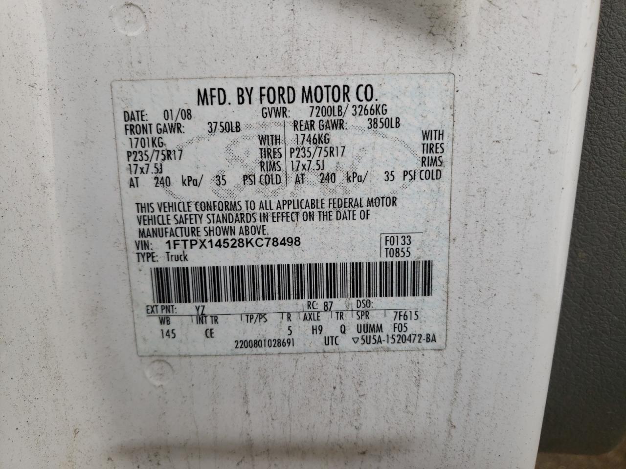 Photo 10 from auction – 2008 FORD F150 with VIN 1FTPX14528KC78498