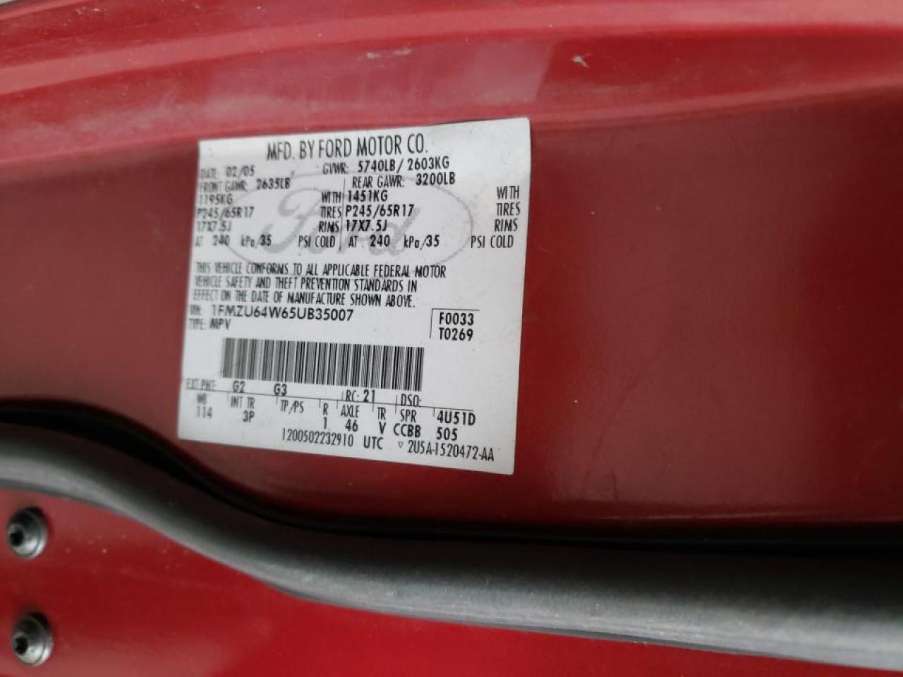 Photo 10 from auction – 2005 FORD EXPLORER E with VIN 1FMZU64W65UB35007