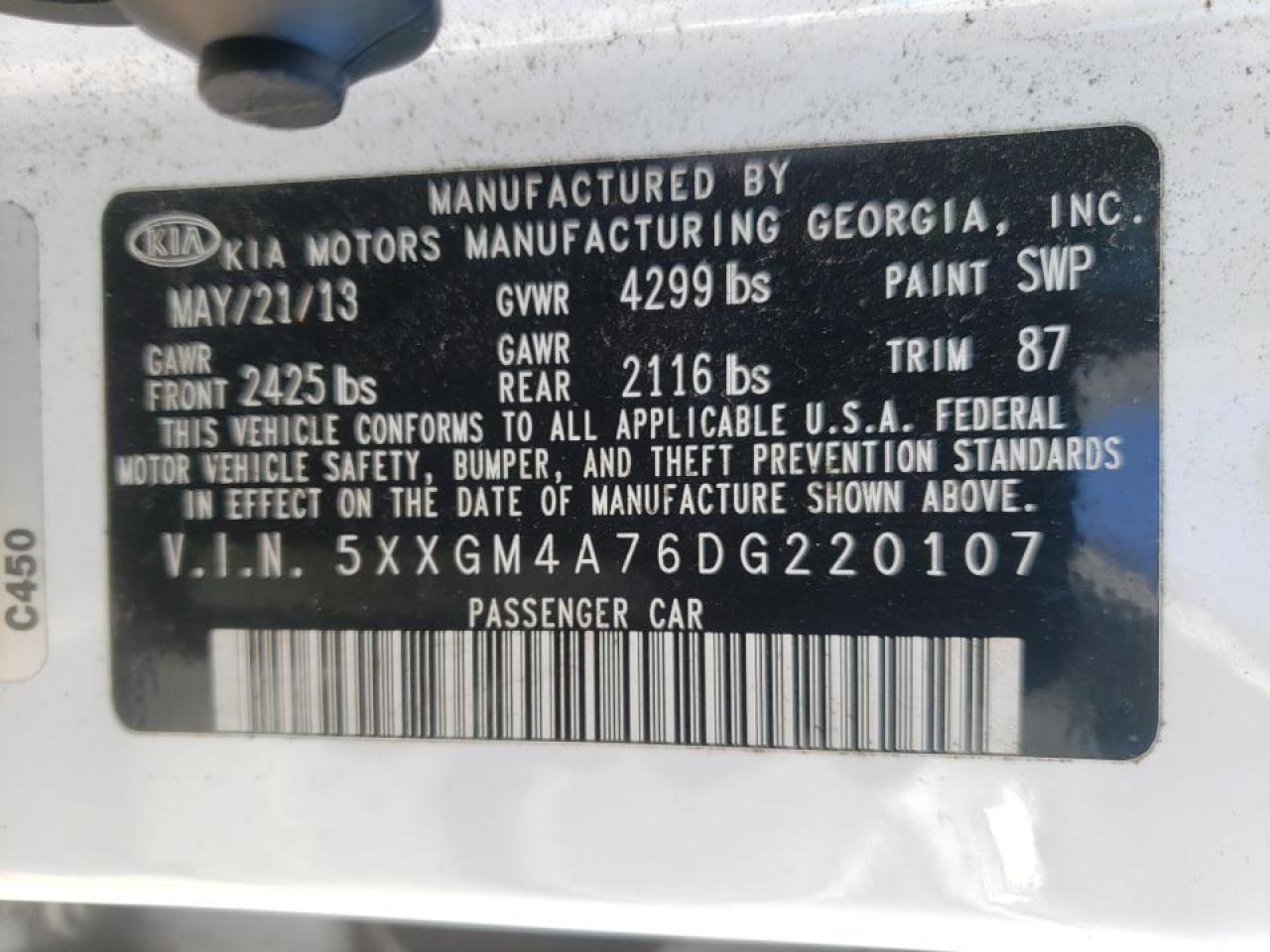 Photo 10 from auction – 2013 KIA OPTIMA LX with VIN 5XXGM4A76DG220107