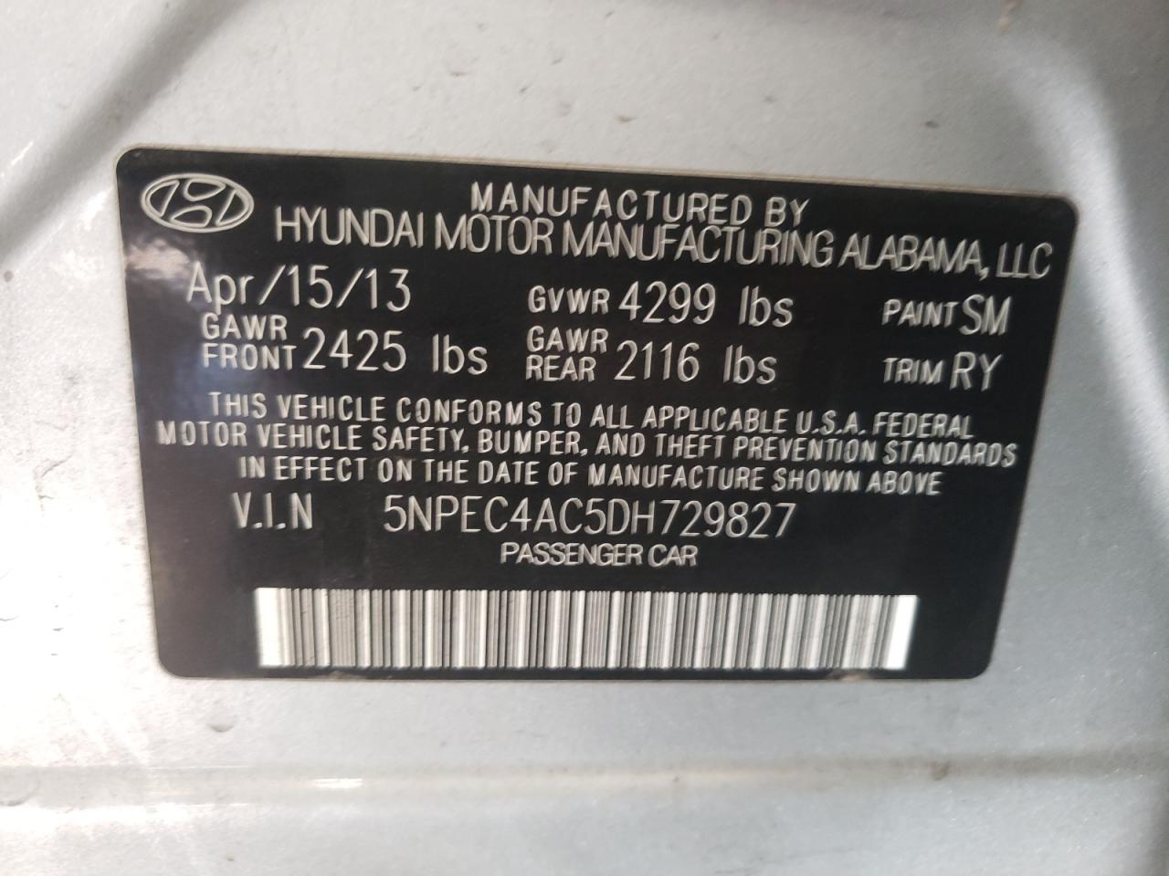 Photo 10 from auction – 2013 HYUNDAI SONATA SE with VIN 5NPEC4AC5DH729827