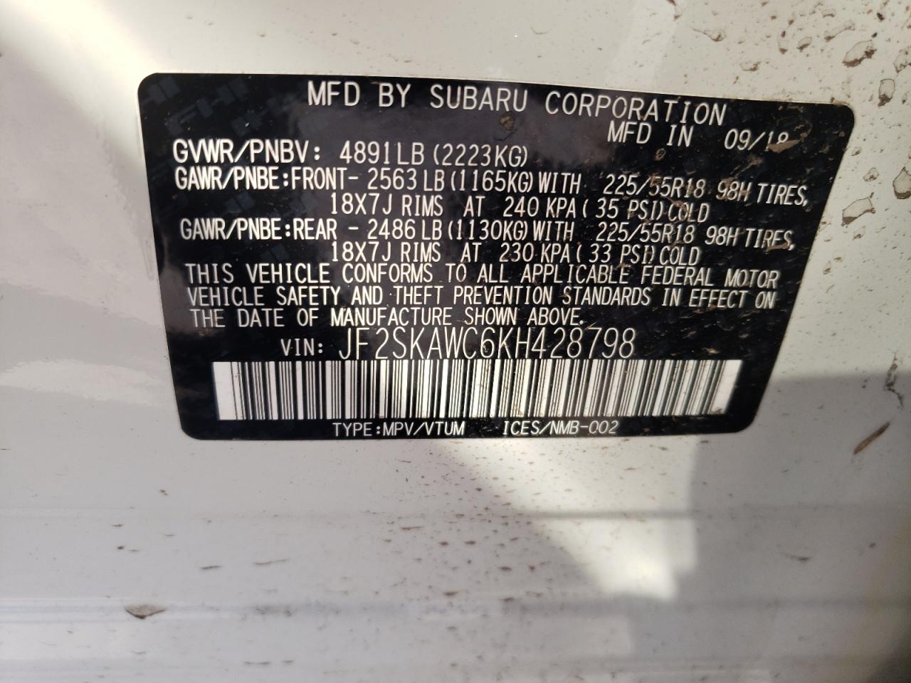 Photo 10 from auction – 2019 SUBARU FORESTER T with VIN JF2SKAWC6KH428798