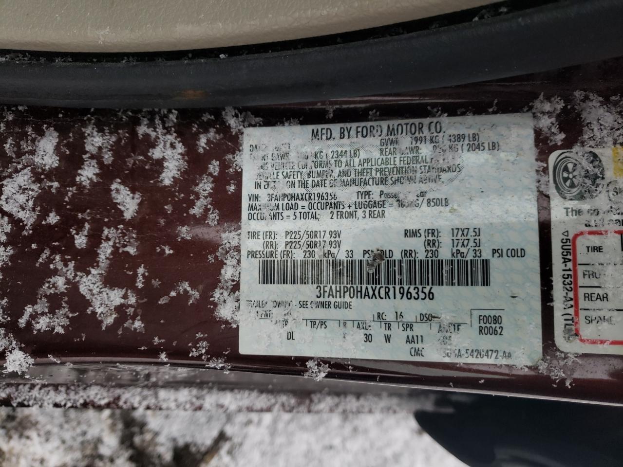 Photo 10 from auction – 2012 FORD FUSION with VIN 3FAHP0HAXCR196356