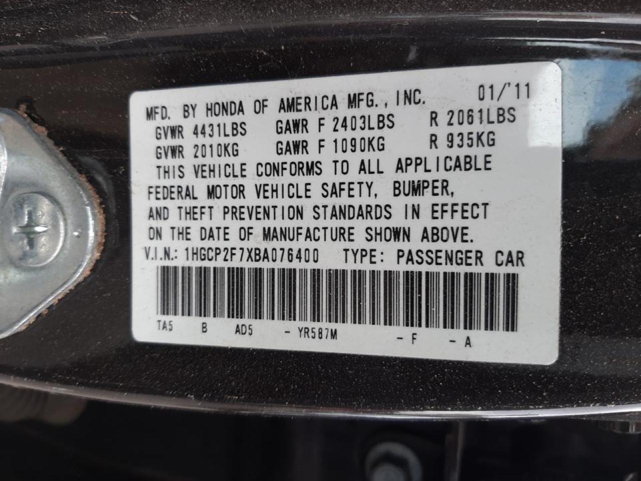 Photo 10 from auction – 2011 HONDA ACCORD EX with VIN 1HGCP2F7XBA076400