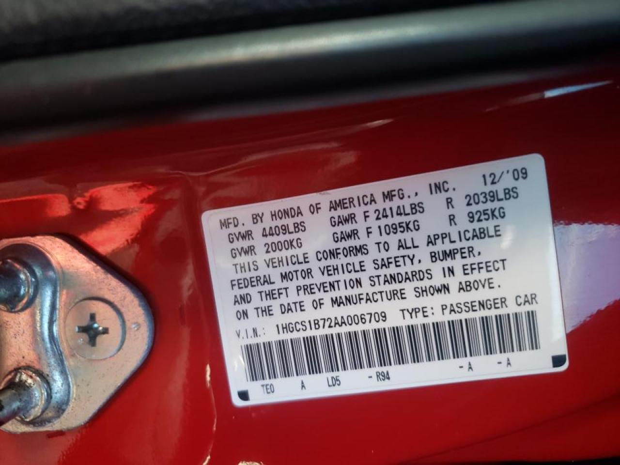 Photo 10 from auction – 2010 HONDA ACCORD EX with VIN 1HGCS1B72AA006709