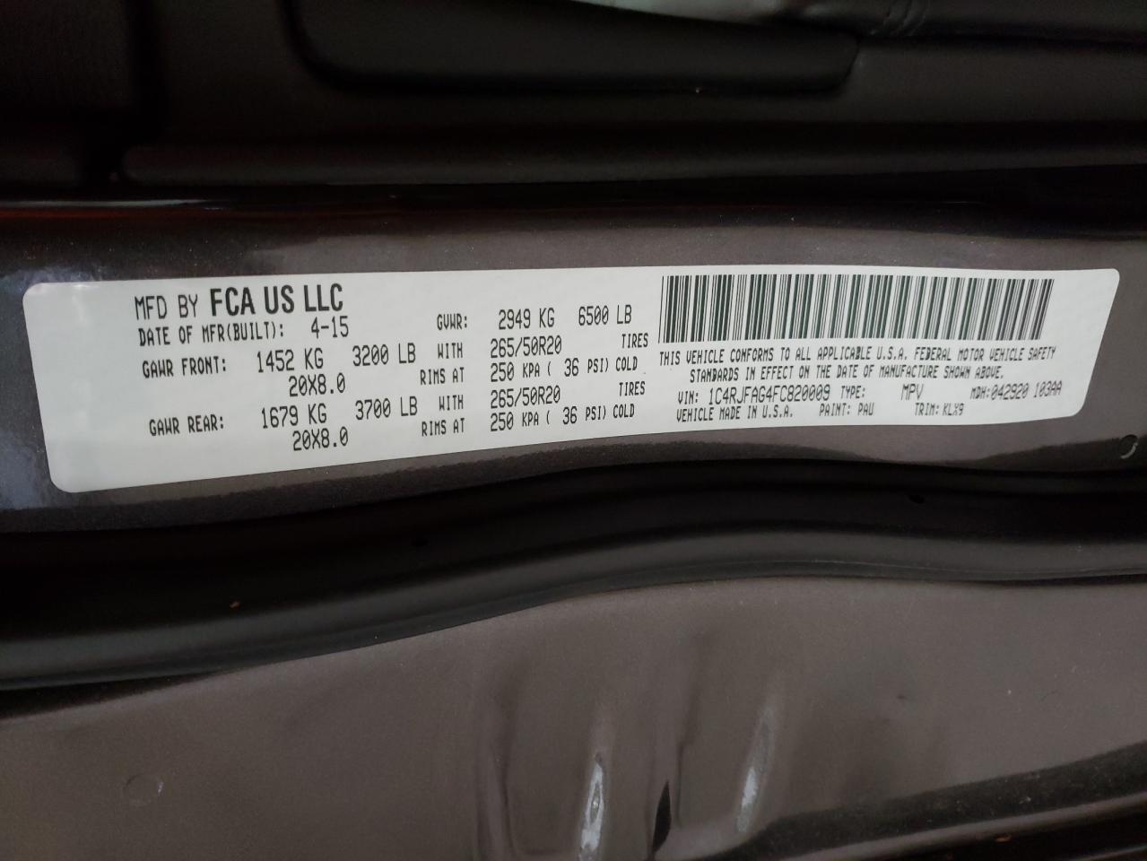 Photo 10 from auction – 2015 JEEP GRAND CHER with VIN 1C4RJFAG4FC820009