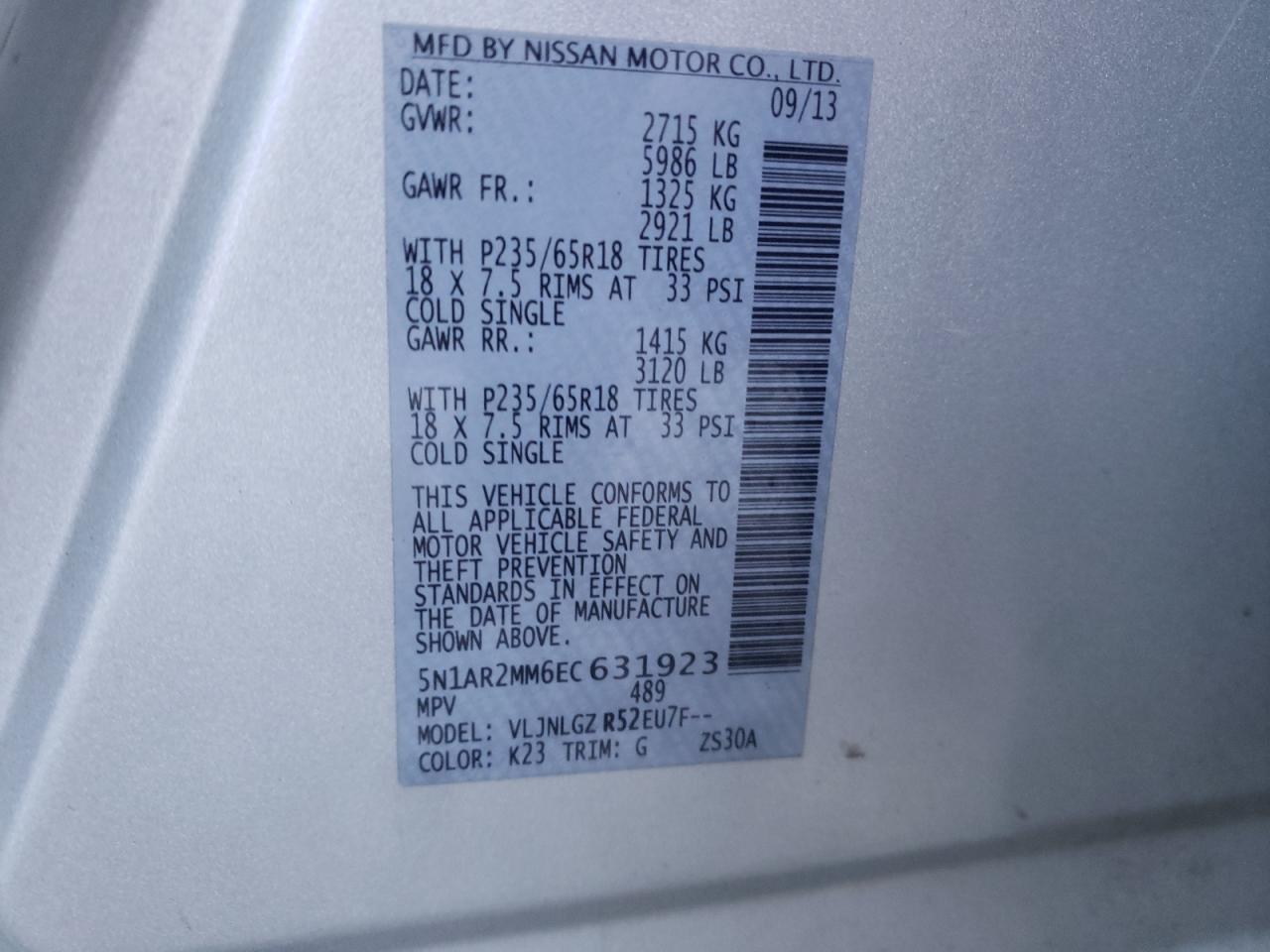 Photo 10 from auction – 2014 NISSAN PATHFINDER with VIN 5N1AR2MM6EC631923