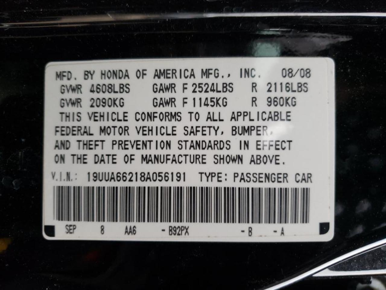 Photo 10 from auction – 2008 ACURA TL with VIN 19UUA66218A056191