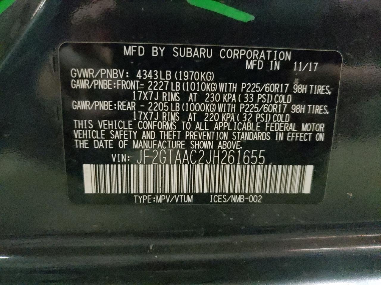 Photo 10 from auction – 2018 SUBARU CROSSTREK with VIN JF2GTAAC2JH261655