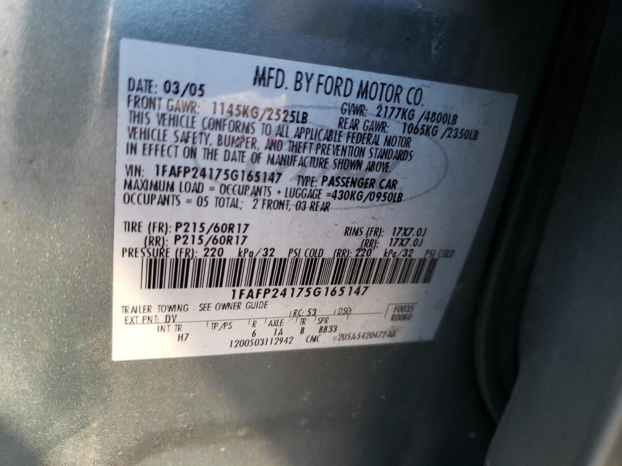 Photo 10 from auction – 2005 FORD FIVE HUNDR with VIN 1FAFP24175G165147