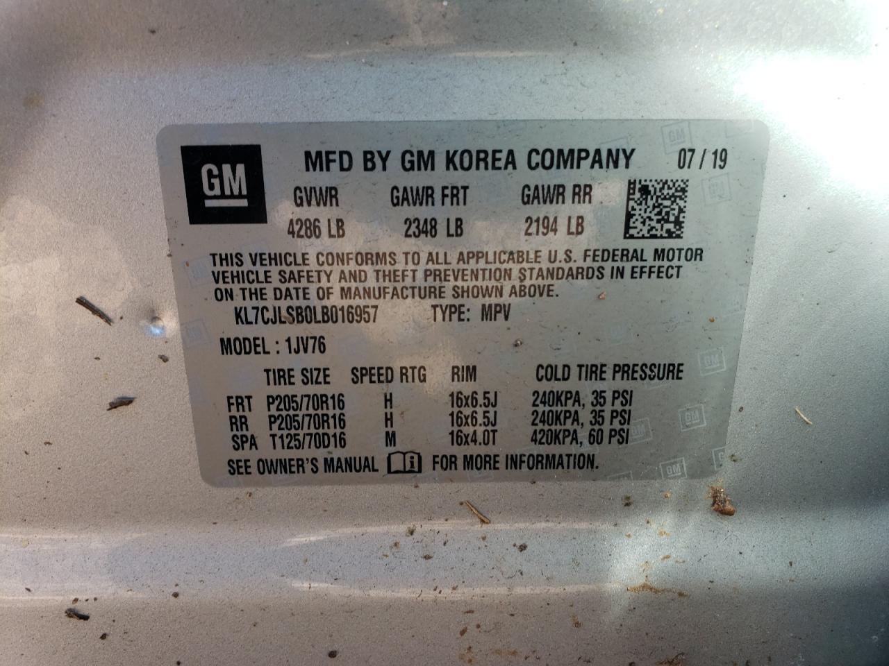 Photo 10 from auction – 2020 CHEVROLET TRAX 1LT with VIN KL7CJLSB0LB016957