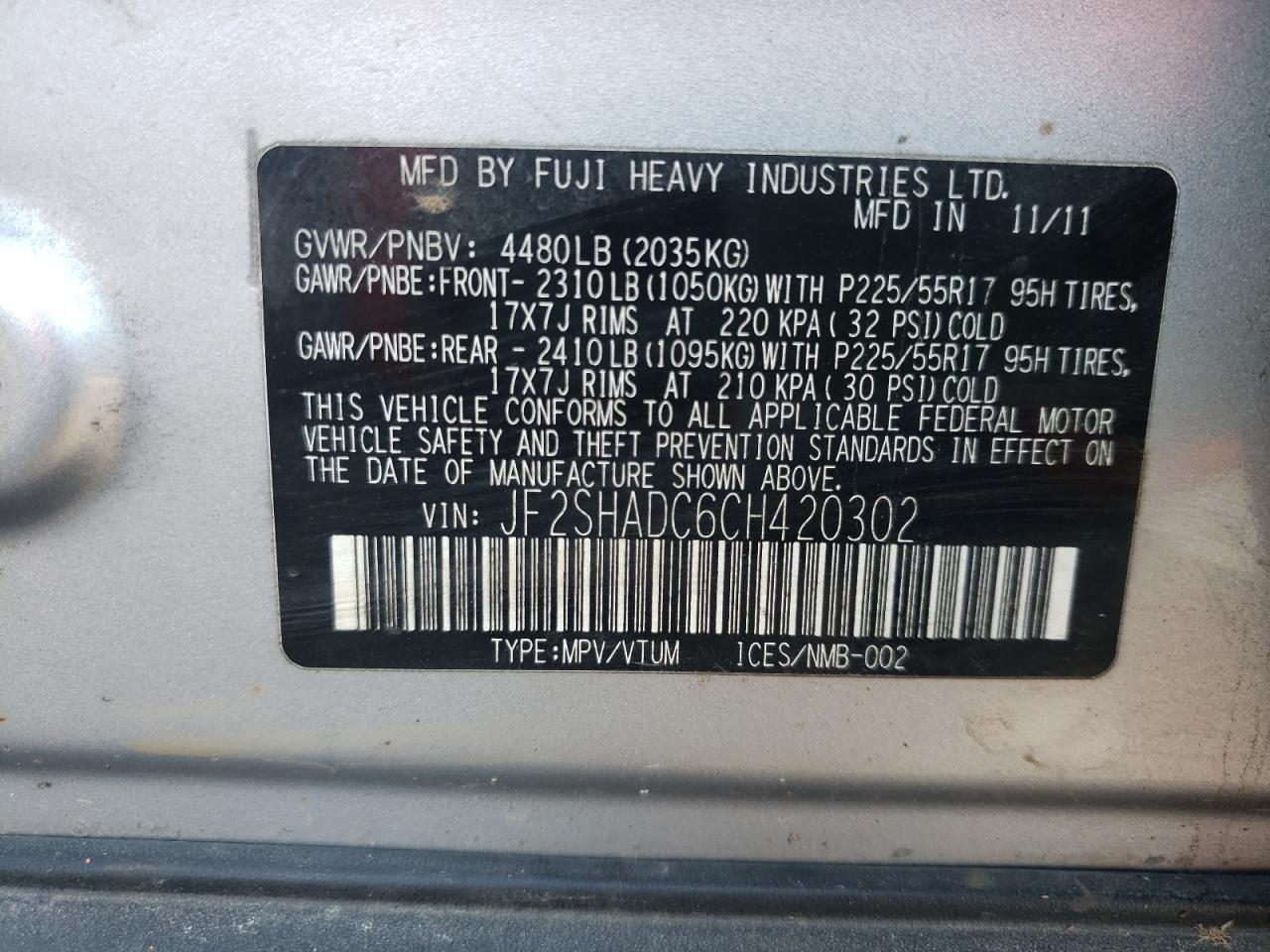 Photo 10 from auction – 2012 SUBARU FORESTER 2 with VIN JF2SHADC6CH420302
