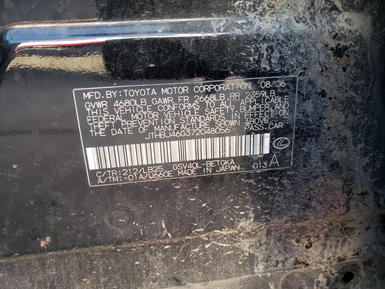 Photo 10 from auction – 2007 LEXUS ES 350 with VIN JTHBJ46G372048056