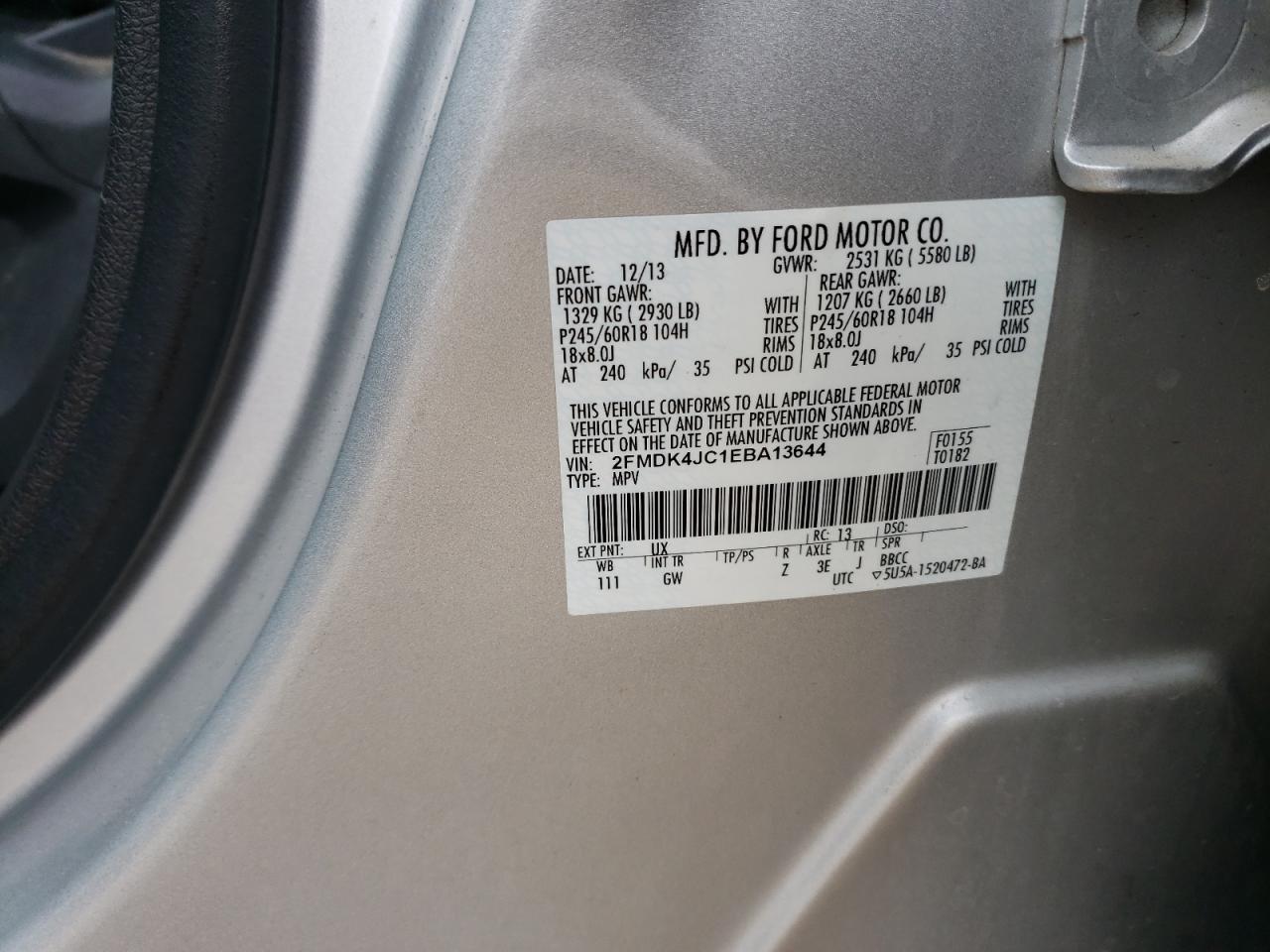 Photo 10 from auction – 2014 FORD EDGE SEL with VIN 2FMDK4JC1EBA13644