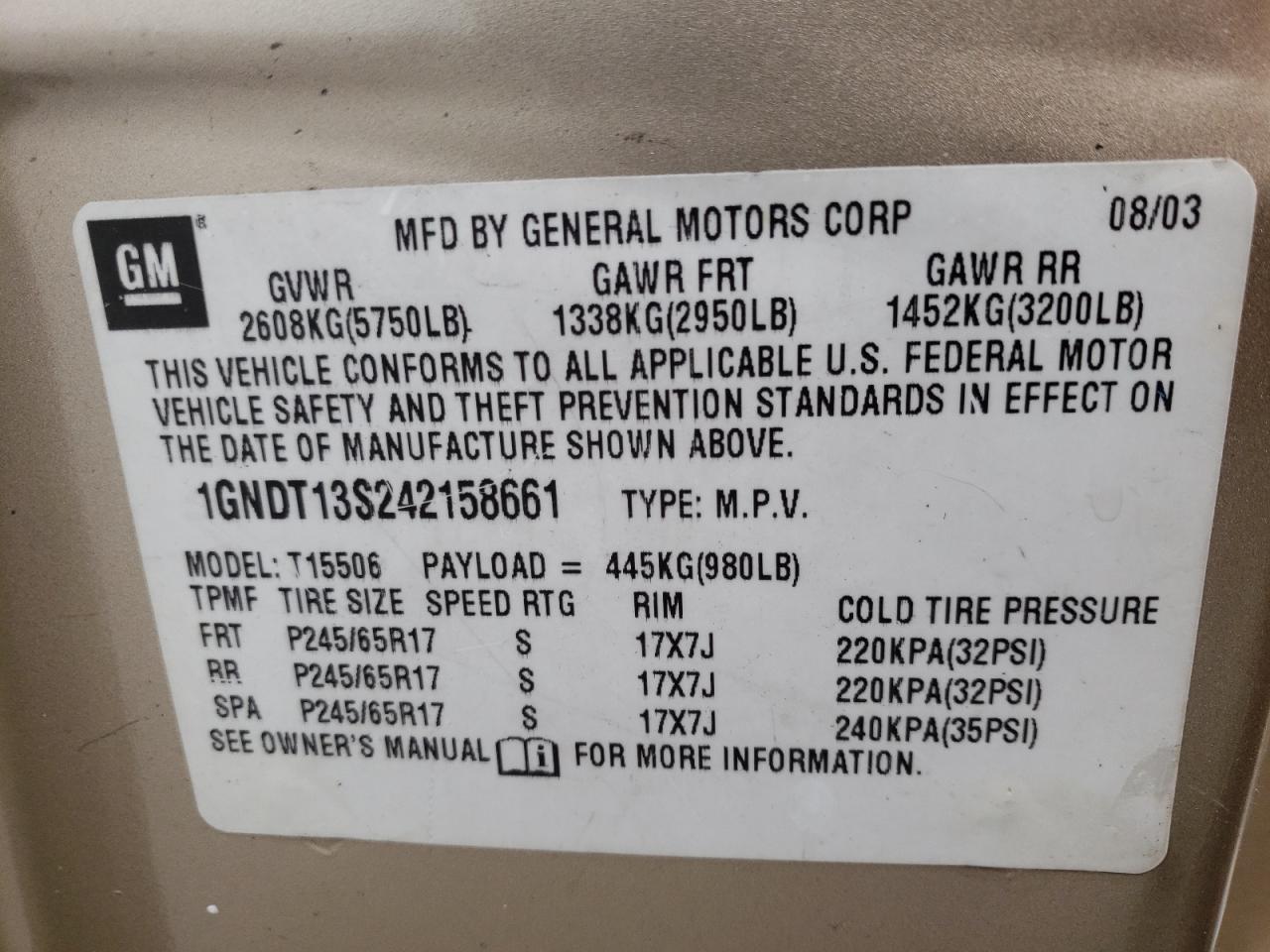 Photo 10 from auction – 2004 CHEVROLET TRAILBLAZE with VIN 1GNDT13S242158661
