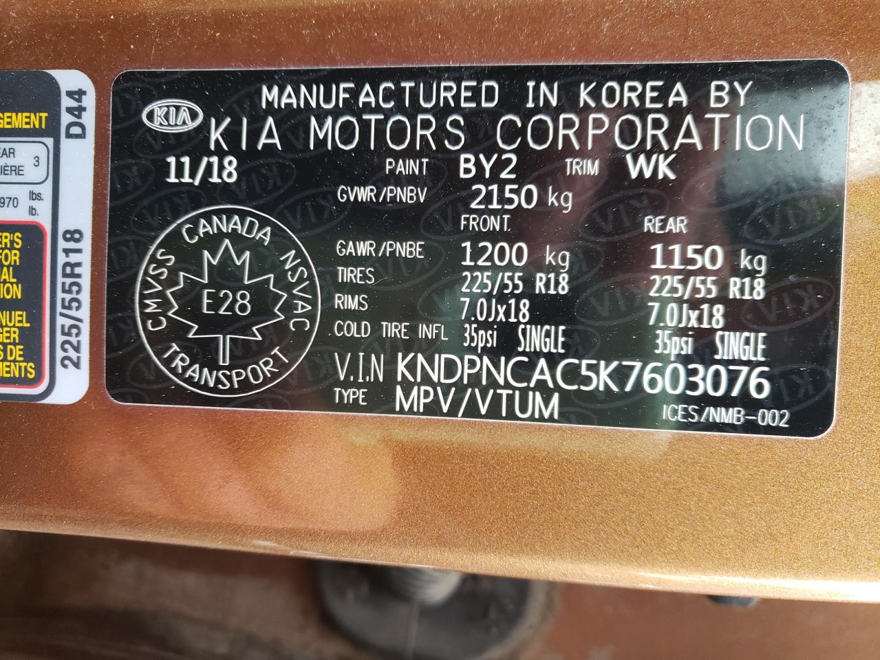 Photo 10 from auction – 2019 KIA SPORTAGE E with VIN KNDPNCAC5K7603076