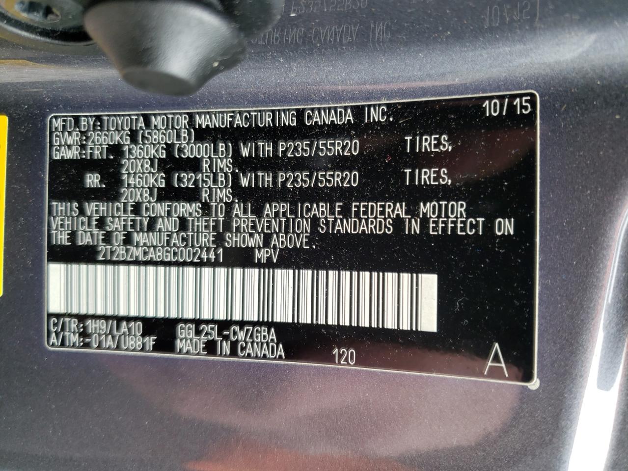 Photo 10 from auction – 2016 LEXUS RX 350 BAS with VIN 2T2BZMCA8GC002441