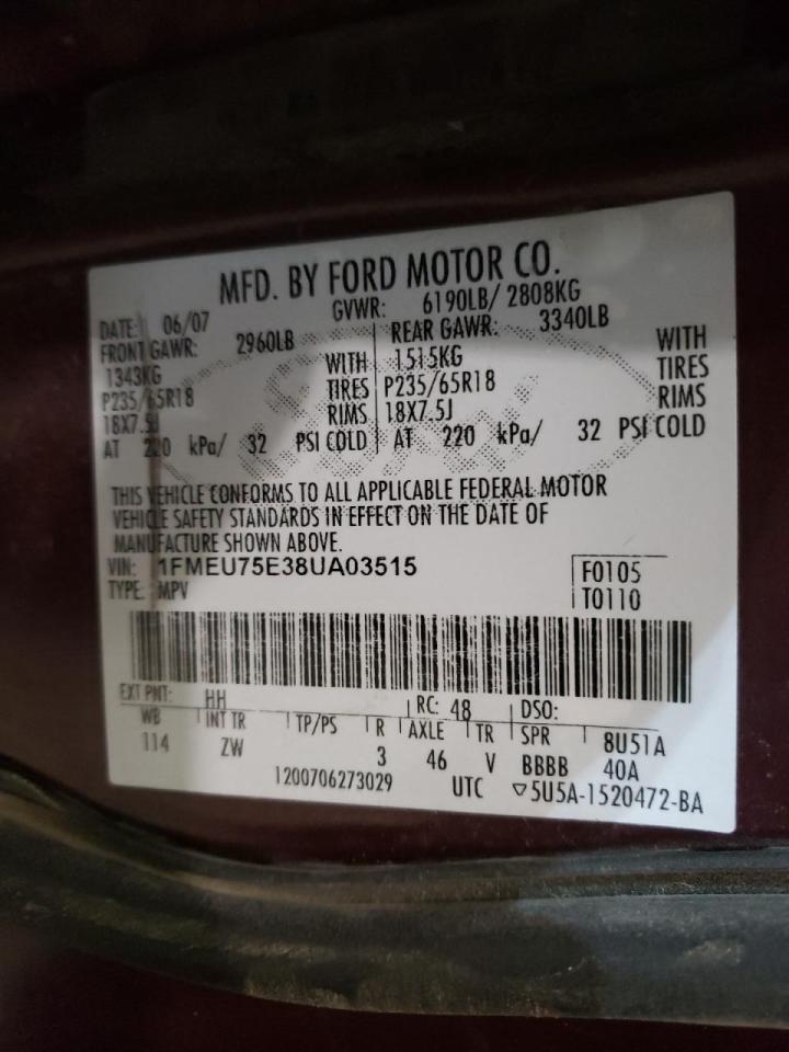 Photo 10 from auction – 2008 FORD EXPLORER L with VIN 1FMEU75E38UA03515