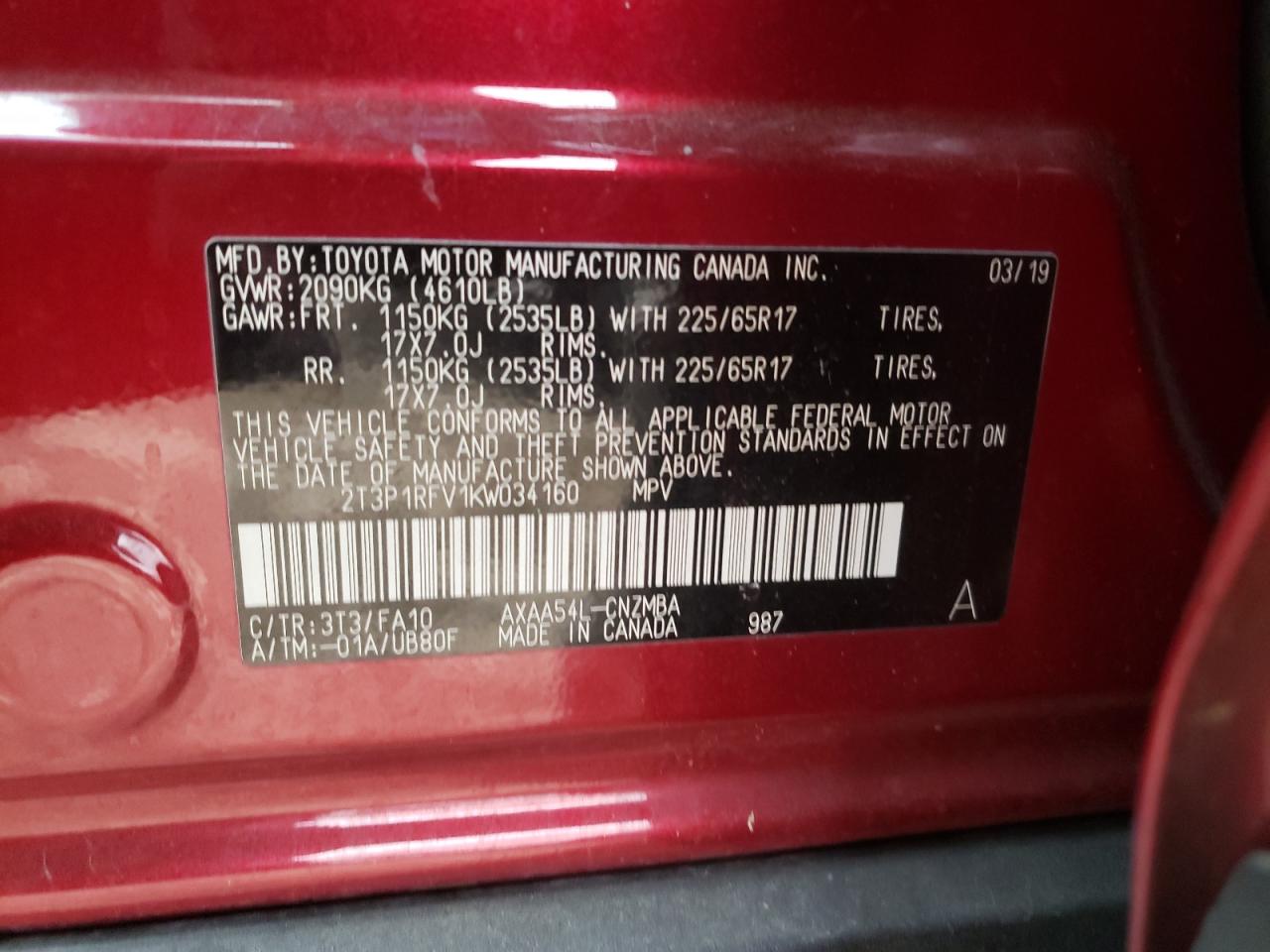 Photo 10 from auction – 2019 TOYOTA RAV4 XLE with VIN 2T3P1RFV1KW034160