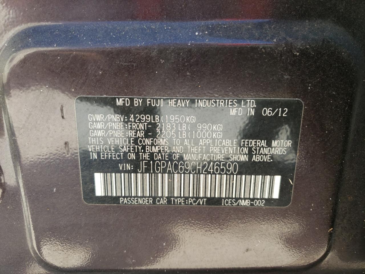 Photo 10 from auction – 2012 SUBARU IMPREZA PR with VIN JF1GPAC69CH246590