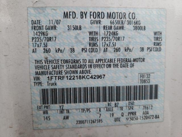 Photo 10 from auction – 2008 FORD F150 with VIN 1FTRF12218KC42967