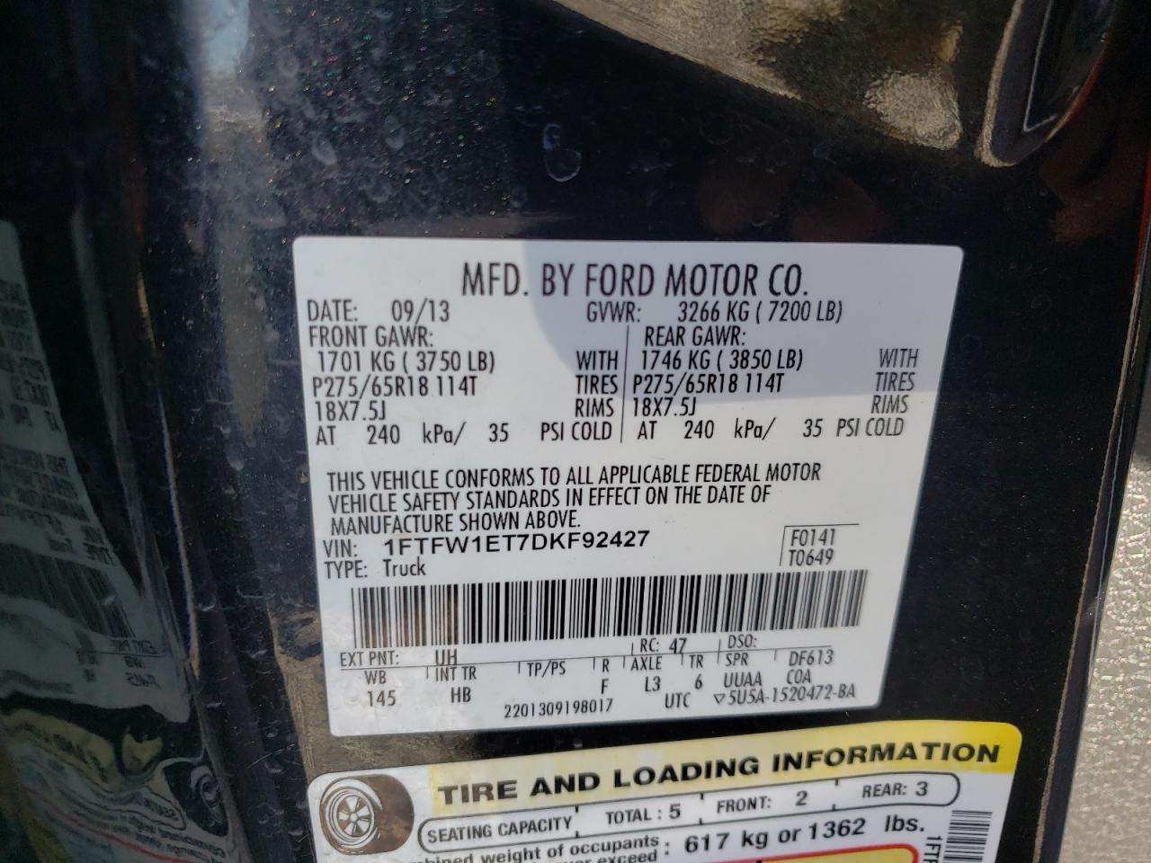 Photo 10 from auction – 2013 FORD F150 SUPER with VIN 1FTFW1ET7DKF92427