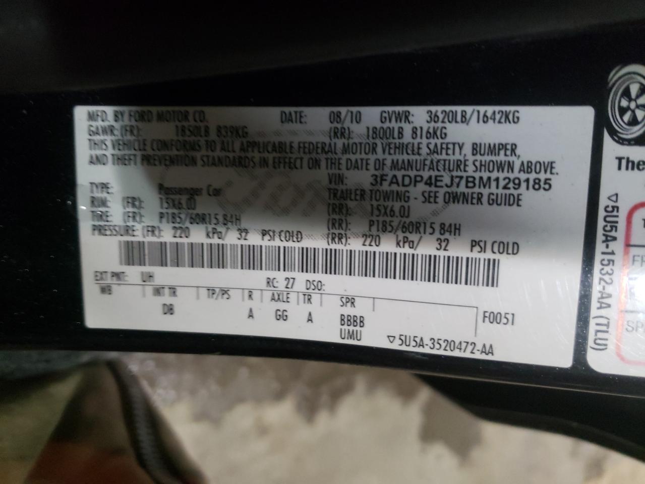 Photo 10 from auction – 2011 FORD FIESTA SE with VIN 3FADP4EJ7BM129185