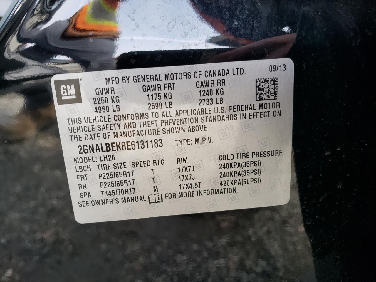 Photo 10 from auction – 2014 CHEVROLET EQUINOX LT with VIN 2GNALBEK8E6131183