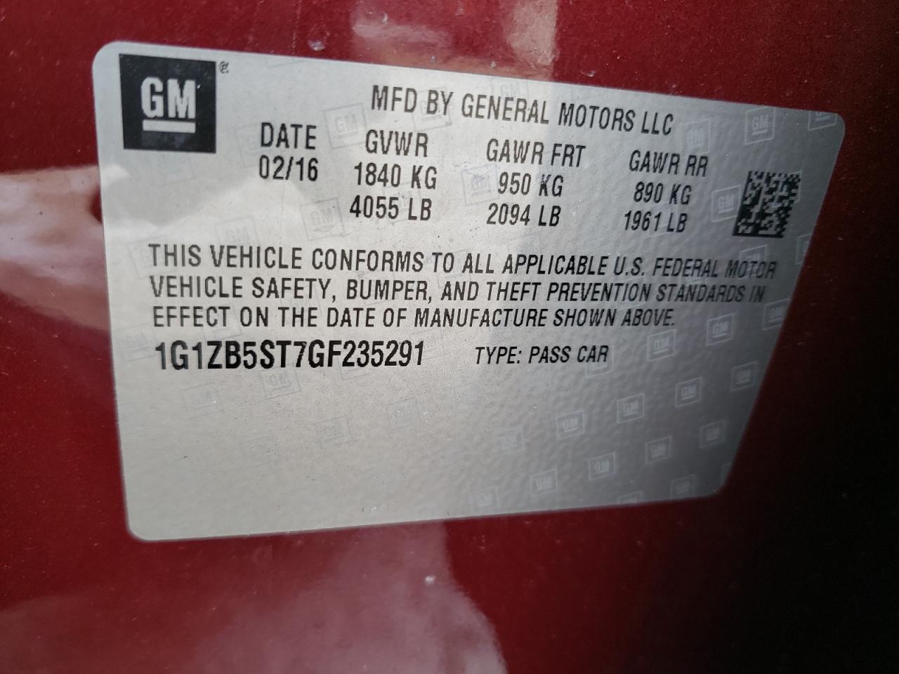 Photo 10 from auction – 2016 CHEVROLET MALIBU LS with VIN 1G1ZB5ST7GF235291