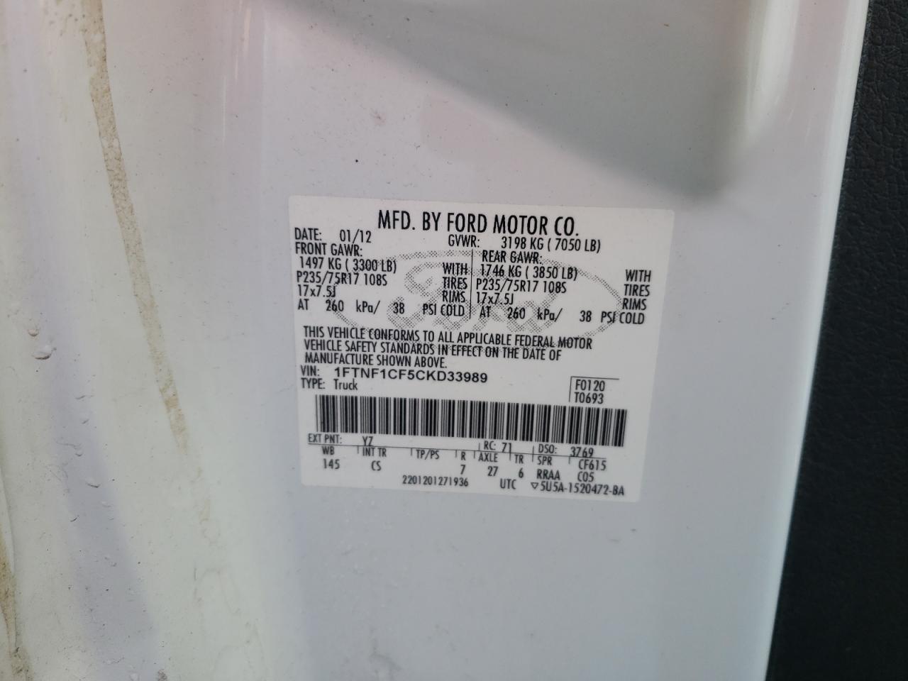Photo 10 from auction – 2012 FORD F150 with VIN 1FTNF1CF5CKD33989