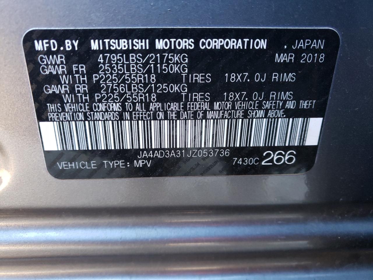 Photo 10 from auction – 2018 MITSUBISHI OUTLANDER with VIN JA4AD3A31JZ053736