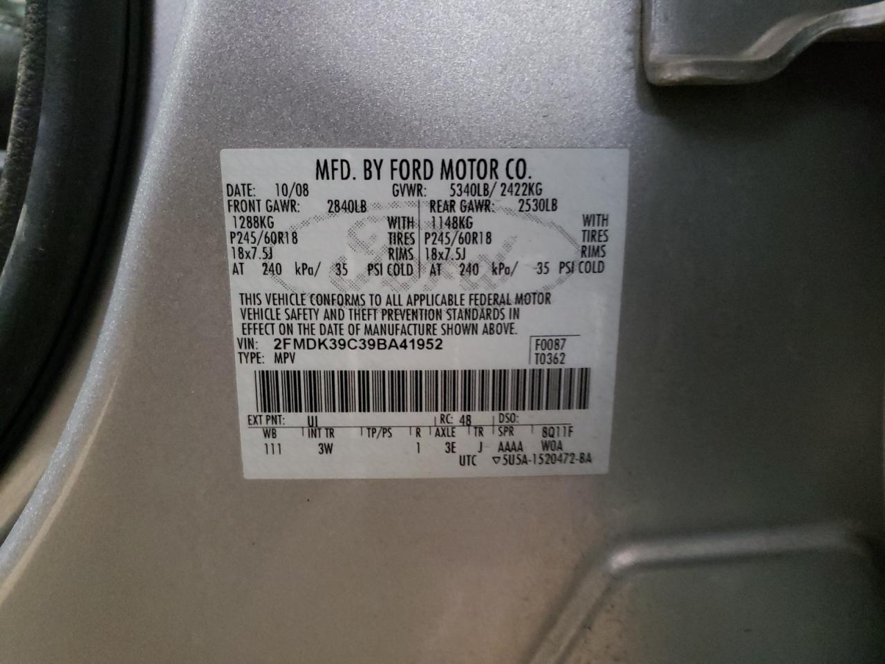 Photo 10 from auction – 2009 FORD EDGE LIMIT with VIN 2FMDK39C39BA41952