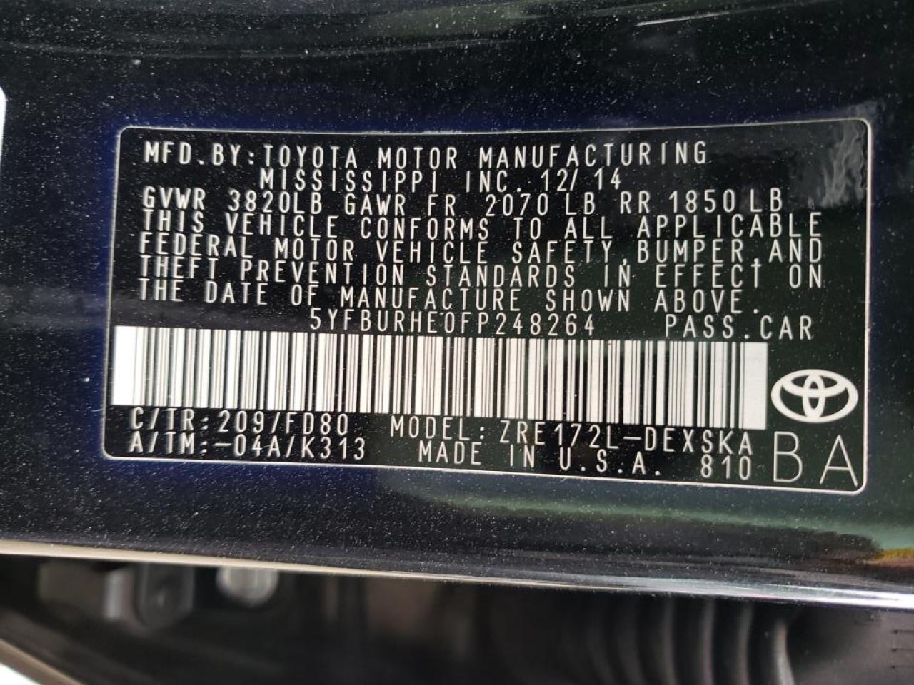 Photo 10 from auction – 2015 TOYOTA COROLLA L with VIN 5YFBURHE0FP248264
